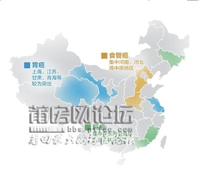 全国癌症分布图:上海多胃癌 福建,广东多肝癌