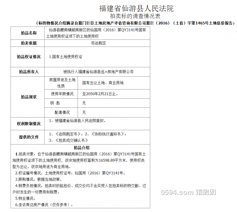 仙国用（2016）第QY3141号国有的土地使用权 - 司法拍卖 - 阿里拍卖 - 闲鱼拍卖.png